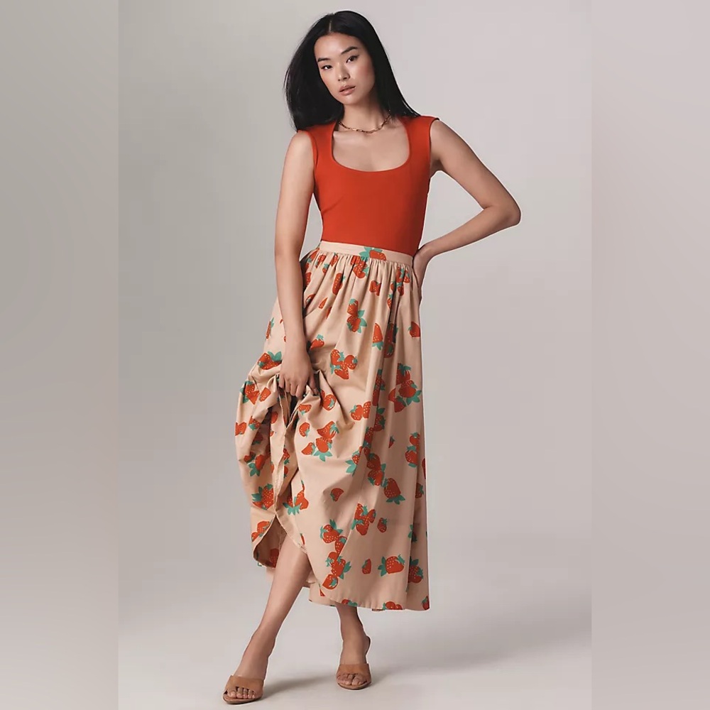 Maeve Beige Midi Skirt with Orange & Green Floral Print